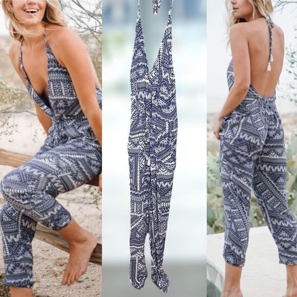 LOVESTITCH Noa Tribal Printed Pockets Halter Jumpsuit Pants Size L - Picture 1 of 16
